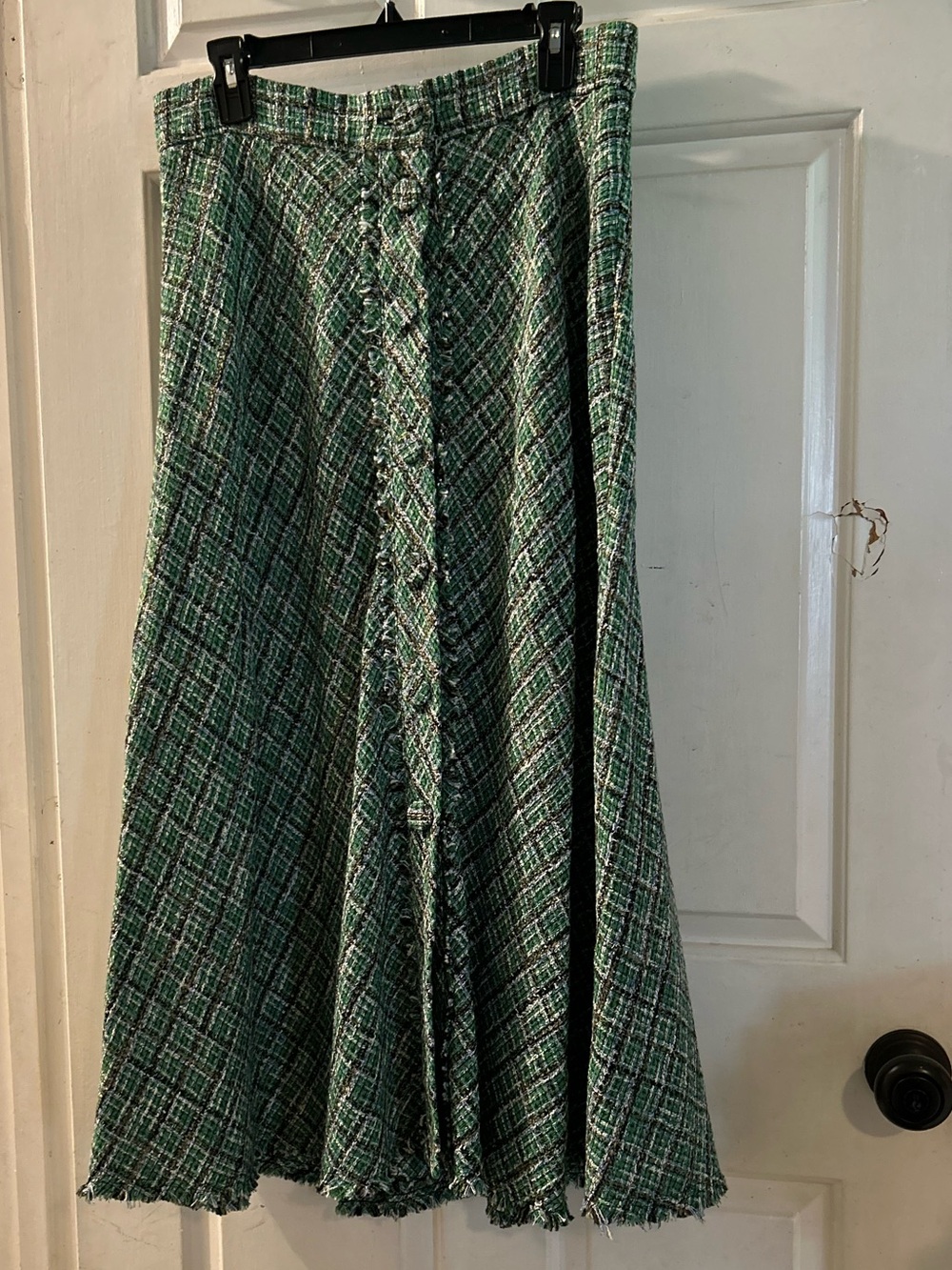 Zara Green Tweed A-Line Midi Skirt with Button Front
